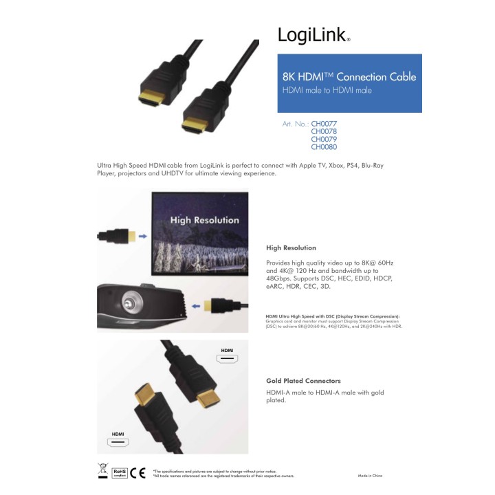 LOGILINK HDMI-kabel med ultrahøj hastighed 2.1 10K 8K 4K 48