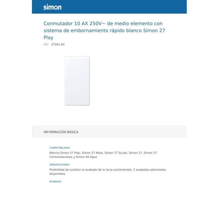 SIMON Interrupteur va-et-vient étroit avec plaque et bornes