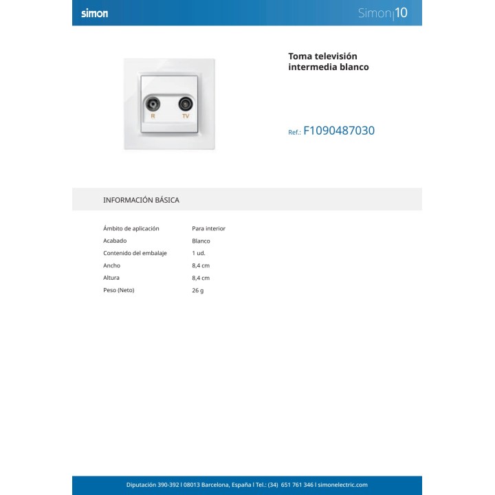 SIMON Presa TV passante con placca SERIE-10 IP20 65328