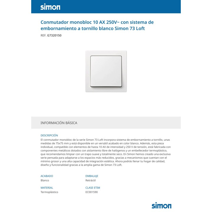 SIMON Interrupteur en saillie 73 LOFT 10 AX 250 V IP20 (2UD)