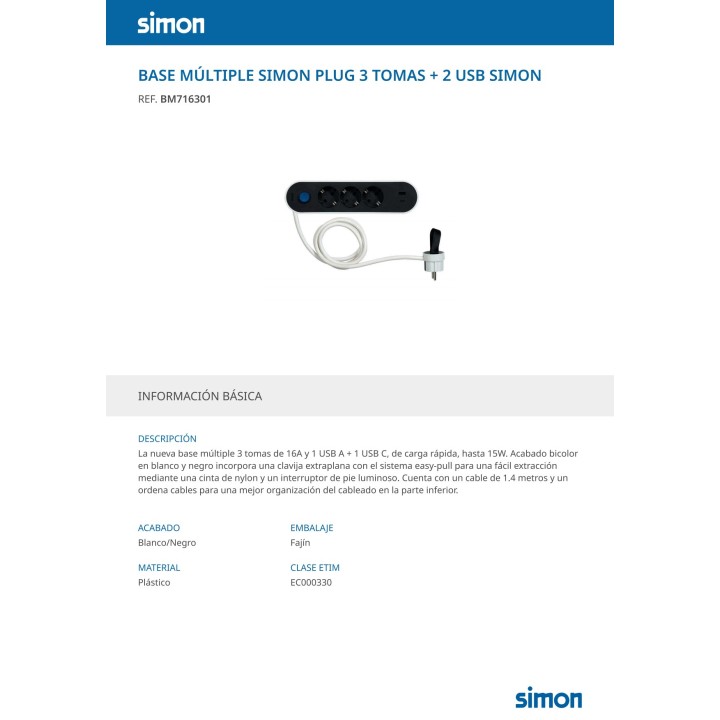 SIMON Multipresa a 3 prese con 2 porte USB e interruttore a