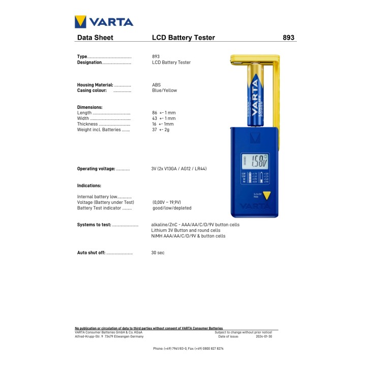VARTA Tester pentru baterii cu ecran LCD 893101111 03114
