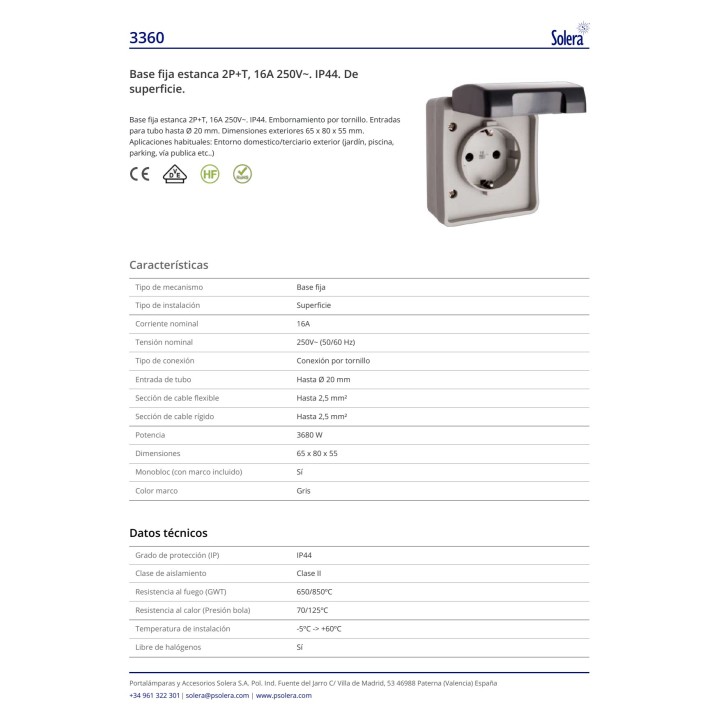 SOLERA Vodotěsná nástěnná zásuvka 2P+T IP44 16 A 250 V (2UD)