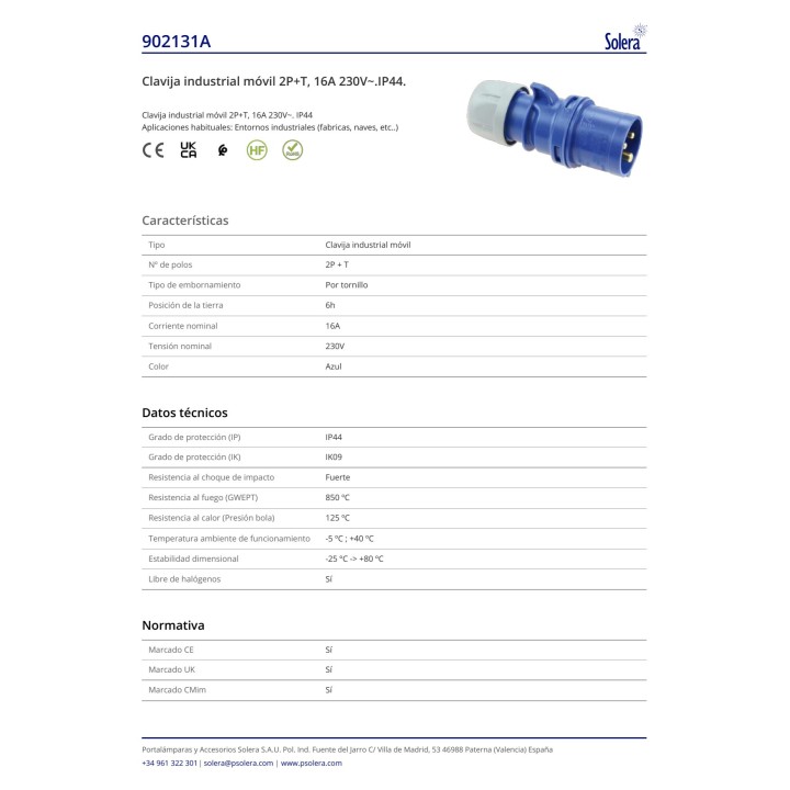 SOLERA Clavija aérea industrial CETAC 2P+T 16 A 230 V IP44 (2UD) E46001