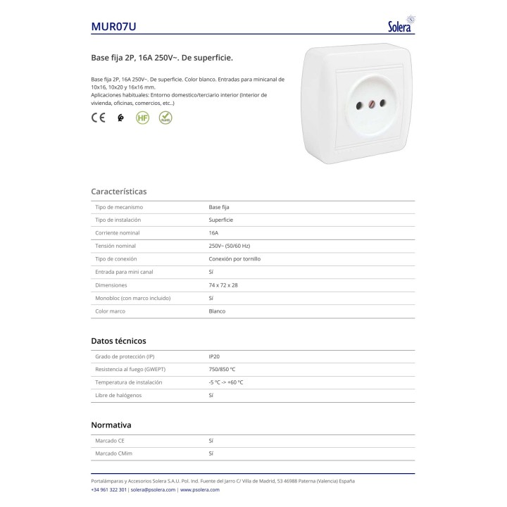 SOLERA Base de enchufe sin toma de tierra de superficie MURAL-2P 16 A 250 V 74X72X28 MM (2UD) 42979VAR