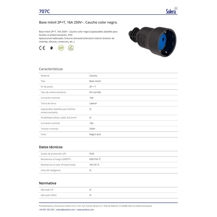 SOLERA Base de enchufe aérea schuko de PVC con sujetacables abatible 16 A 250 V 4,8 MM (2UD) 42008VAR