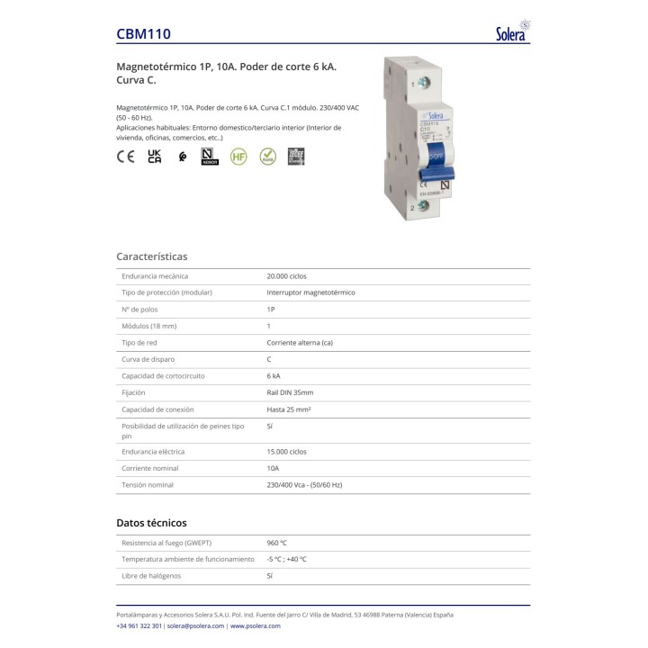 SOLERA DIN rail miniature circuit breaker 1P-CURVA C 6 KA