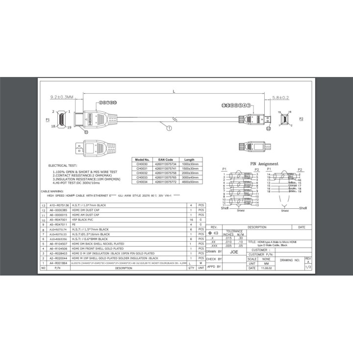 EDM Cable HDMI d'alta velocitat a connector micro 1.4 A-D 1