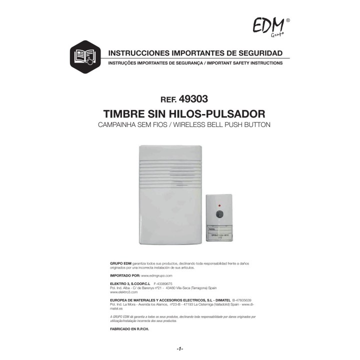 EDM Bezdrôtový hudobný zvonček s tlačidlom ELBA 80 DB 12 V