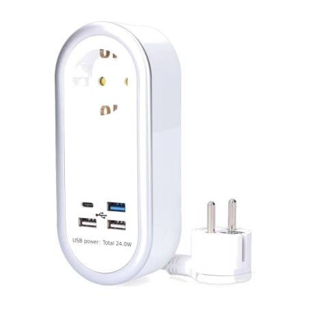 ytmonterat uttag med 1 schuko och 4 laddportar usb-3a+1c 24 w 1,5 m h05vv-f 3g1,5 mm2 16 a 250 v