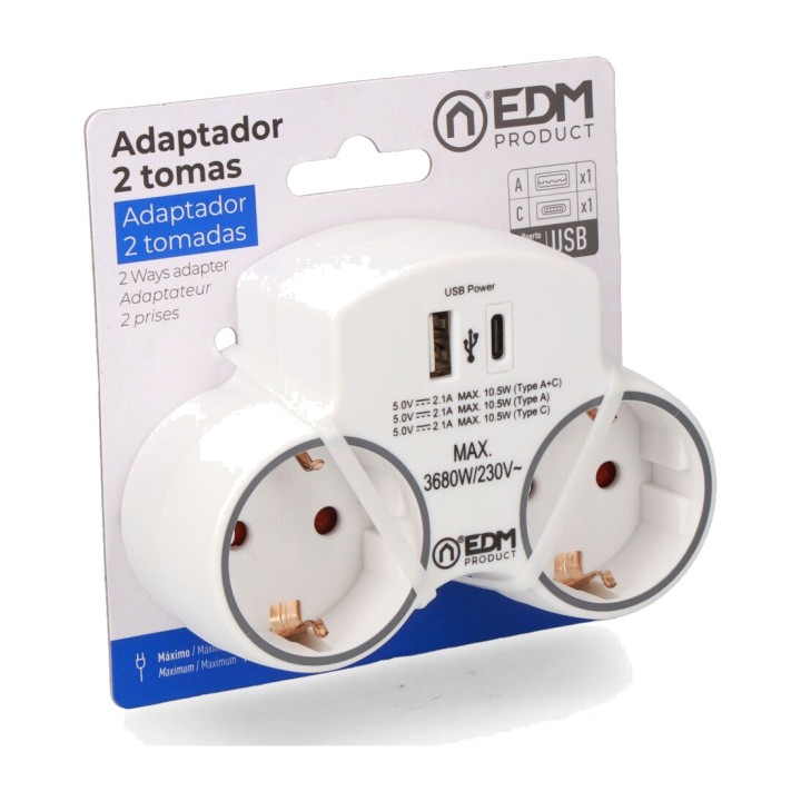 EDM Adapter met 2 Schuko-stopcontacten en USB A- en