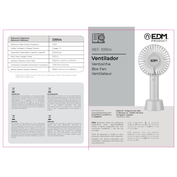 EDM Oplaadbare handventilator met veiligheidsrooster 4,5 W