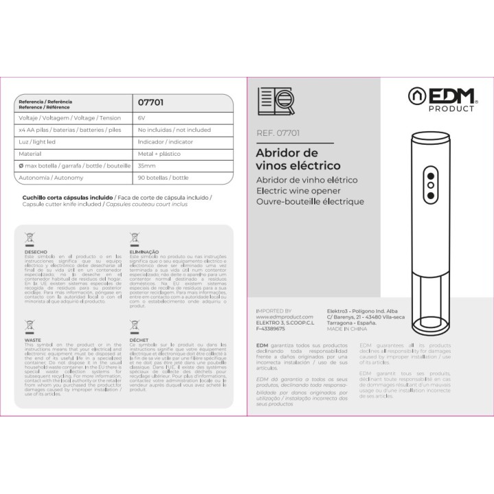 EDM Električni odpirač za vinske steklenice 4 X AA 07701