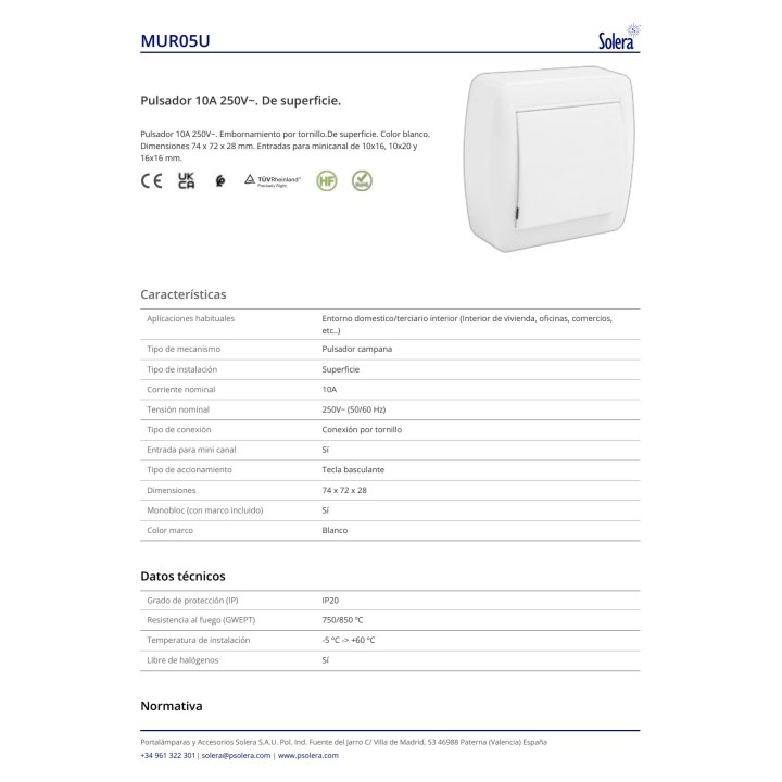 SOLERA Nadometno tipkalo MURAL-10 A 250 V 74X72X28MM (2UD)