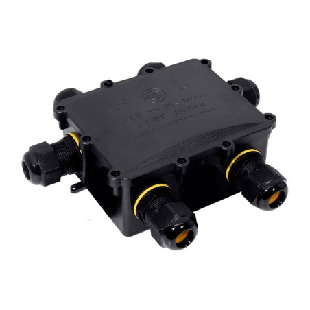 vodotesna zračna spojna škatla za zunanjo uporabo s 6 kabelskimi uvodnicami black-series bk-6p ip68 135x115x47mm