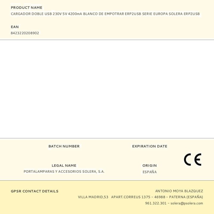 SOLERA Carregador USB doble d'encastar EUROPA-5V 4200 MA