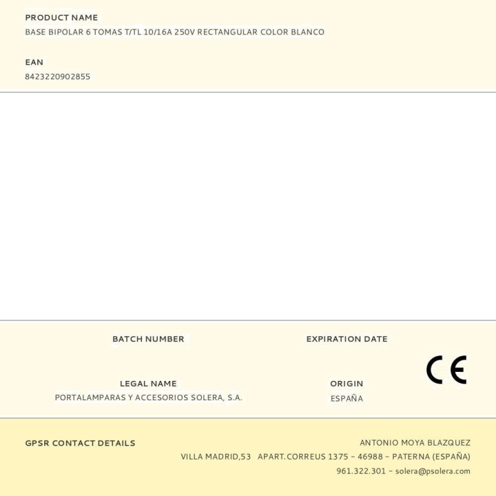SOLERA Rectangular 6-socket Schuko power strip, unwired 16 A