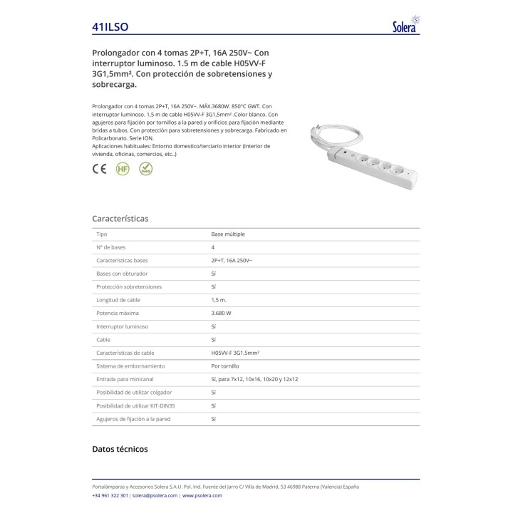 SOLERA Base múltiple de enchufes con interruptor y protección contra sobretensiones y sobrecarga ION 3G1,5 MM2 1,5 M 3680 W 4112