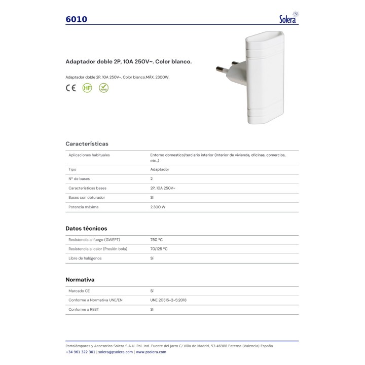 SOLERA Adaptador doble d'endoll amb presa de terra 2P+T 10