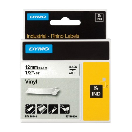 cinta d'etiquetes industrial de vinil, negra sobre blanc per a retolador rhino 12mm x 5,5m 18444
