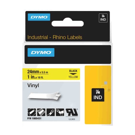 ruban d’étiquettes industriel en vinyle noir sur jaune pour étiqueteuse rhino 24mm x 5,5m 1805431
