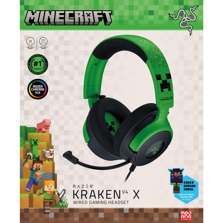 RAZER Fones de ouvido gaming com fio KRAKEN V4 X MINECRAFT