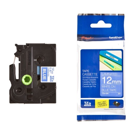 cinta laminada blanco sobre fondo azul para rotuladora tze-535 12mm