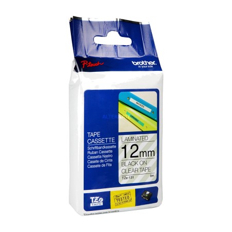 cinta laminada extra adhesiva negro sobre fondo transparente para rotuladora tze-s131 12mm